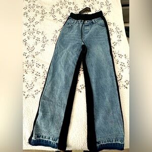 Brand NEW, Trendy pants, size S runs big, black and jean pattern and stretch